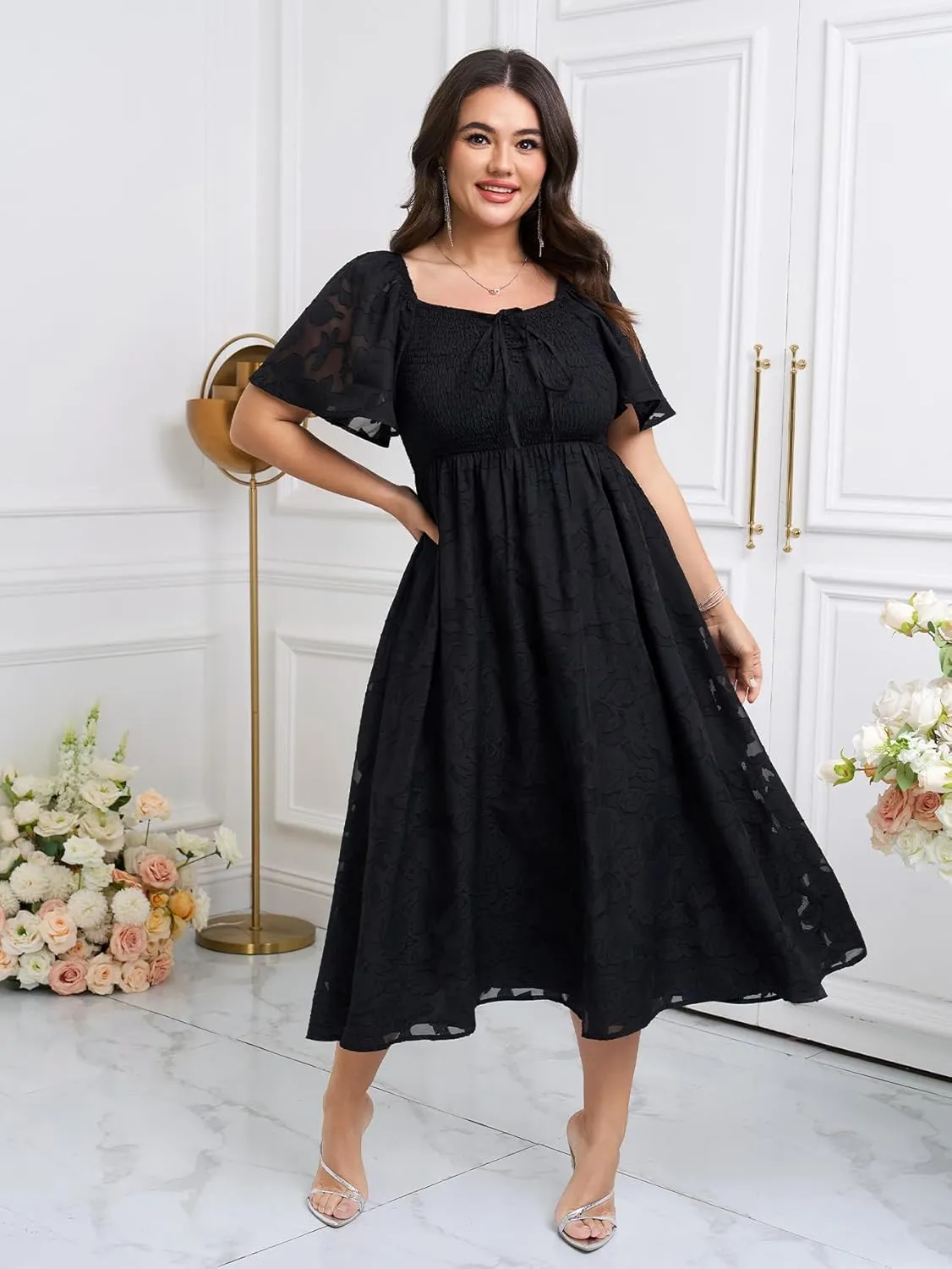SCOMCHIC Women's Plus Size Formal Dresses Square Neck Short Sleeve Lace Floral Smocked Flowy Long Maxi Wedding Guest Dress