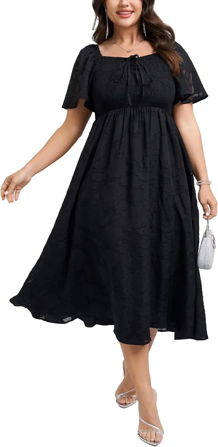 SCOMCHIC Women's Plus Size Formal Dresses Square Neck Short Sleeve Lace Floral Smocked Flowy Long Maxi Wedding Guest Dress