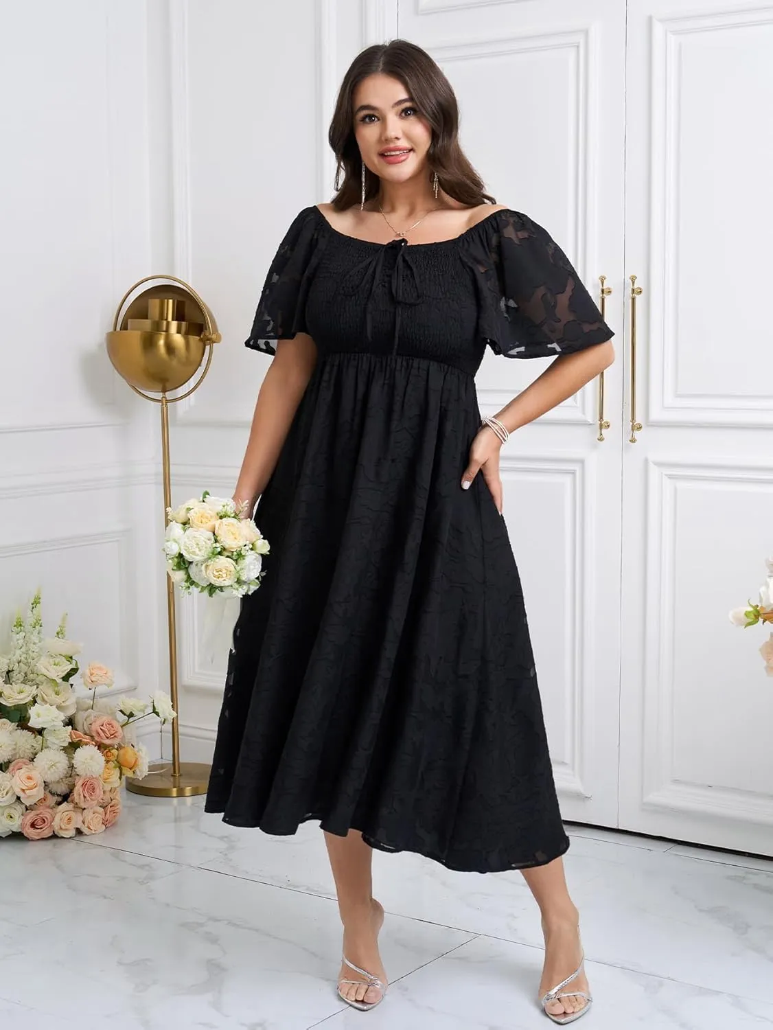 SCOMCHIC Women's Plus Size Formal Dresses Square Neck Short Sleeve Lace Floral Smocked Flowy Long Maxi Wedding Guest Dress