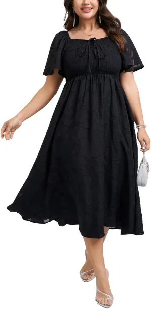 SCOMCHIC Women's Plus Size Formal Dresses Square Neck Short Sleeve Lace Floral Smocked Flowy Long Maxi Wedding Guest Dress