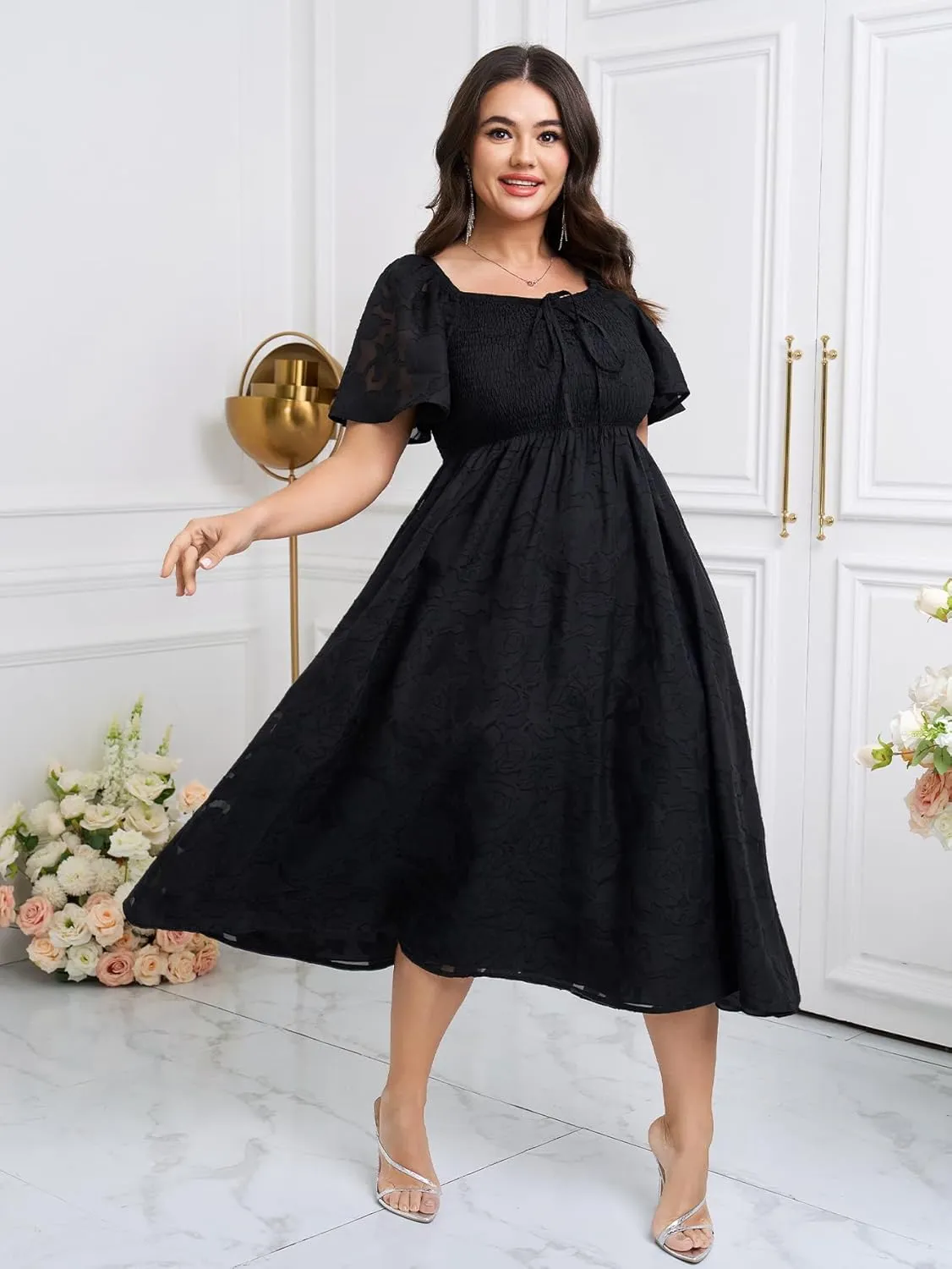 SCOMCHIC Women's Plus Size Formal Dresses Square Neck Short Sleeve Lace Floral Smocked Flowy Long Maxi Wedding Guest Dress