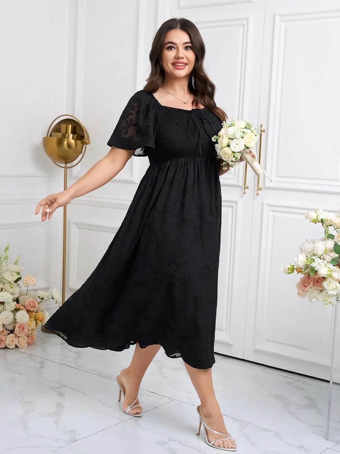 SCOMCHIC Women's Plus Size Formal Dresses Square Neck Short Sleeve Lace Floral Smocked Flowy Long Maxi Wedding Guest Dress