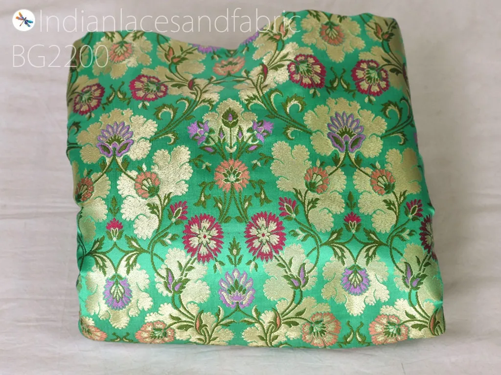 Sea Green Silk Brocade Fabric By The Yard Banarasi Indian Bridal Wedding Dresses DIY Crafting Sewing Costume Lehenga Blouses Home Decor
