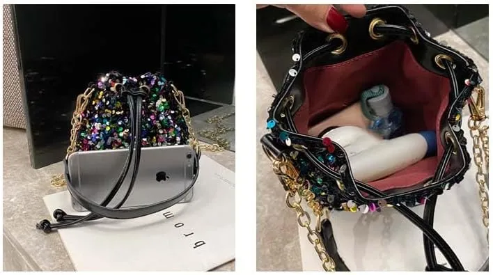 Sequin Bucket Bag Glitter Drawstring Shoulder Purse Bag Sparkle Mini Shopping Pouch Handbag with Detachable Chain Strap