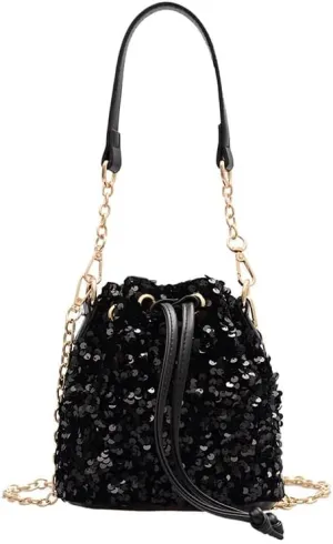 Sequin Bucket Bag Glitter Drawstring Shoulder Purse Bag Sparkle Mini Shopping Pouch Handbag with Detachable Chain Strap