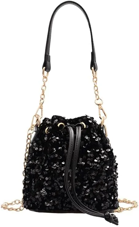Sequin Bucket Bag Glitter Drawstring Shoulder Purse Bag Sparkle Mini Shopping Pouch Handbag with Detachable Chain Strap