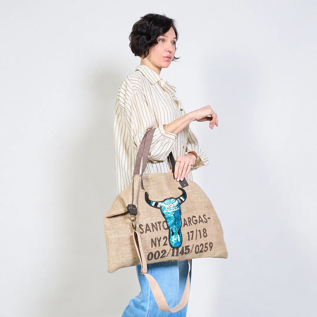 Sequin bull head jute tote bag wholesale