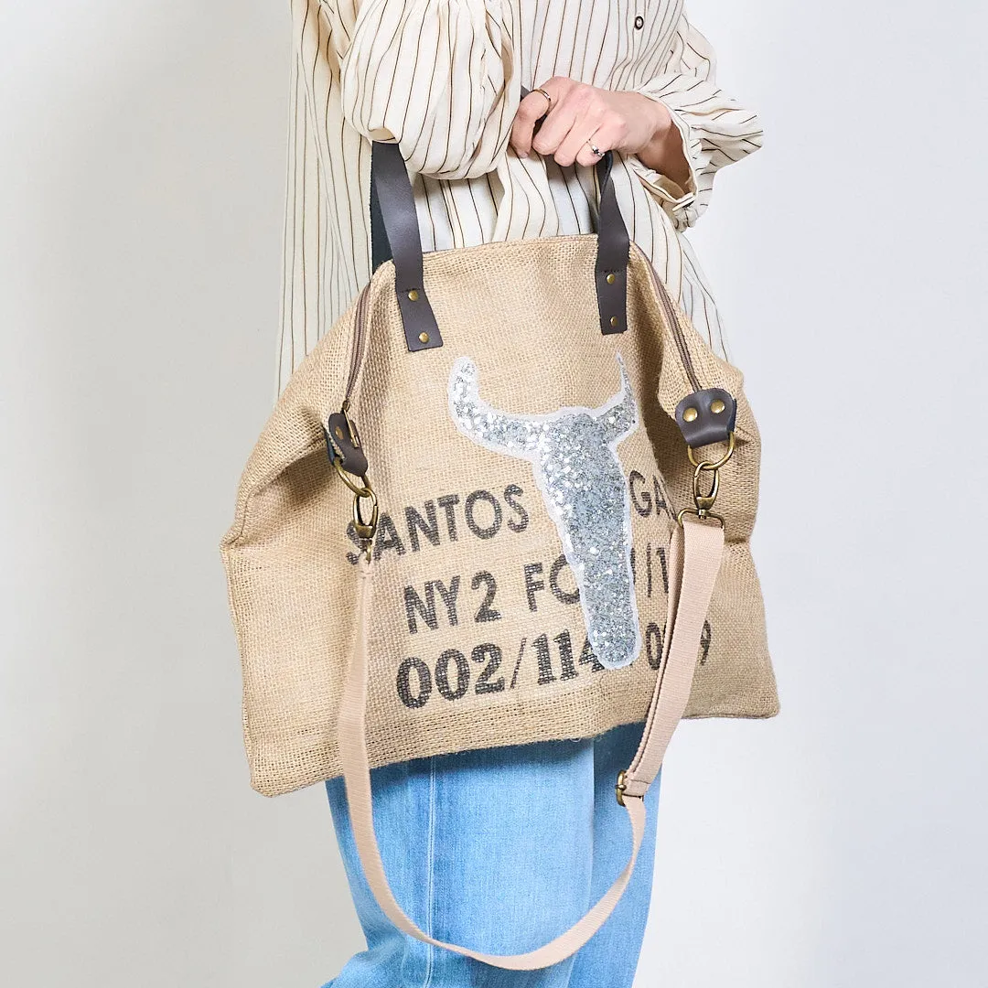 Sequin bull head jute tote bag wholesale