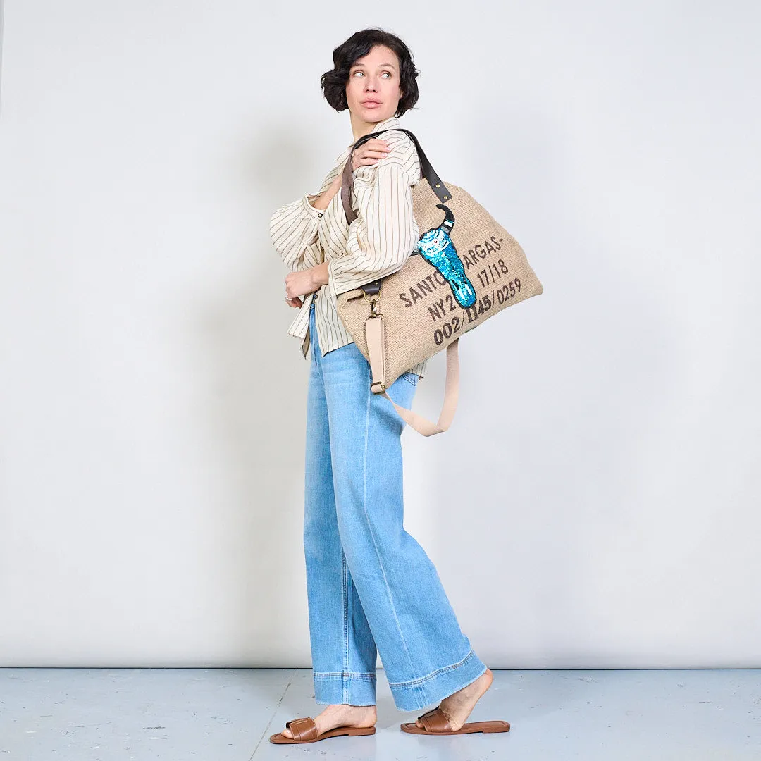 Sequin bull head jute tote bag wholesale