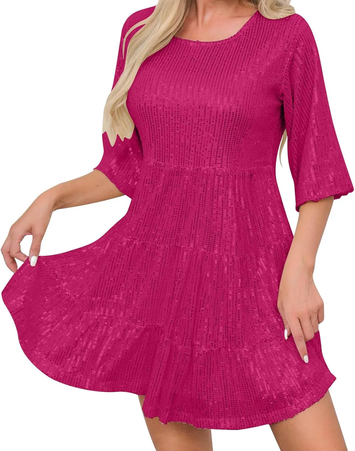 Sequin Dress for Women Sparkly Glitter Mini Babydoll Dresses Short Flowy Tiered Ruffle Party Club Night Out Gown