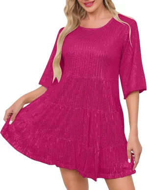Sequin Dress for Women Sparkly Glitter Mini Babydoll Dresses Short Flowy Tiered Ruffle Party Club Night Out Gown