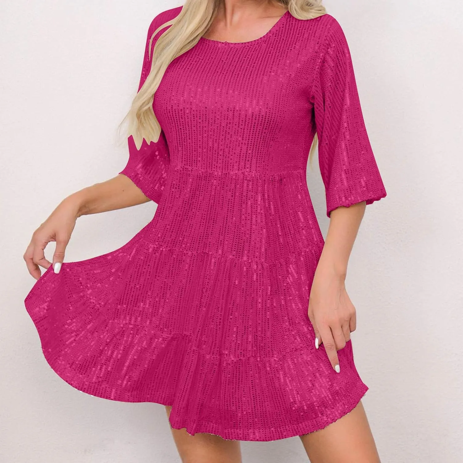 Sequin Dress for Women Sparkly Glitter Mini Babydoll Dresses Short Flowy Tiered Ruffle Party Club Night Out Gown