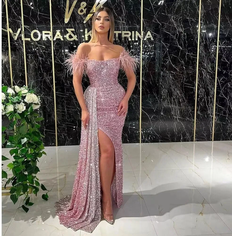 Sequin Off Shoulder Prom Dresses Sparkly Mermaid Formal Dress Feather Long Evening Party Dress with Slit