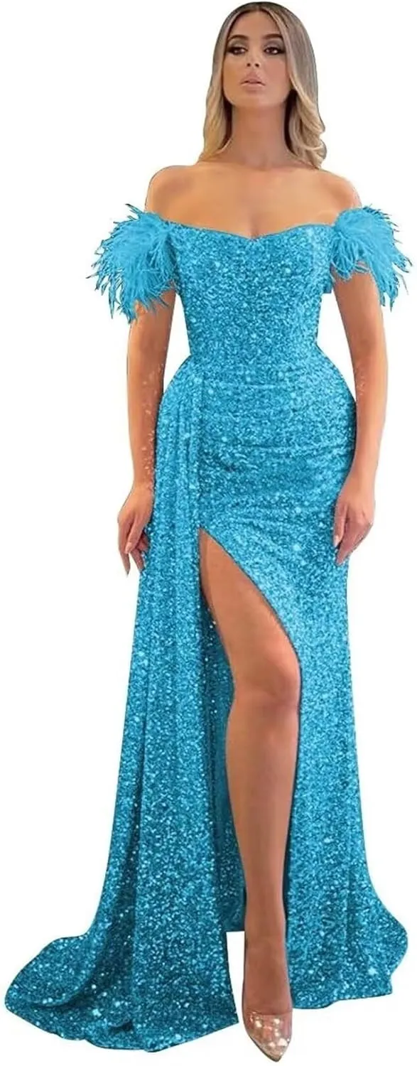 Sequin Off Shoulder Prom Dresses Sparkly Mermaid Formal Dress Feather Long Evening Party Dress with Slit