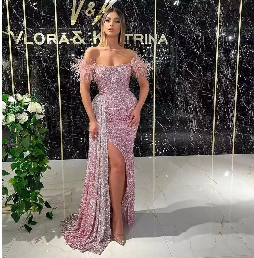 Sequin Off Shoulder Prom Dresses Sparkly Mermaid Formal Dress Feather Long Evening Party Dress with Slit