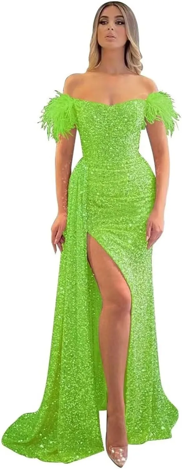 Sequin Off Shoulder Prom Dresses Sparkly Mermaid Formal Dress Feather Long Evening Party Dress with Slit