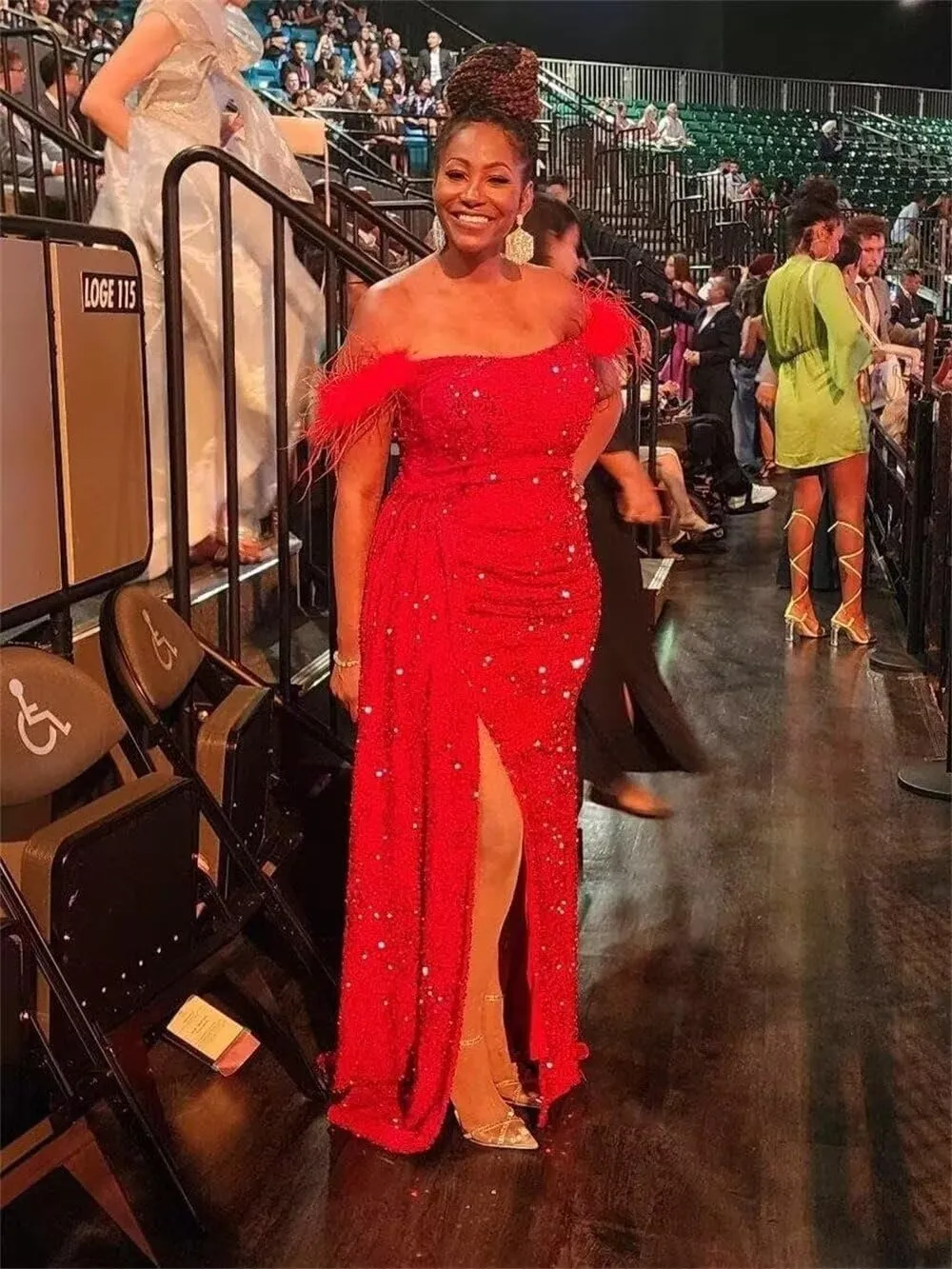 Sequin Off Shoulder Prom Dresses Sparkly Mermaid Formal Dress Feather Long Evening Party Dress with Slit