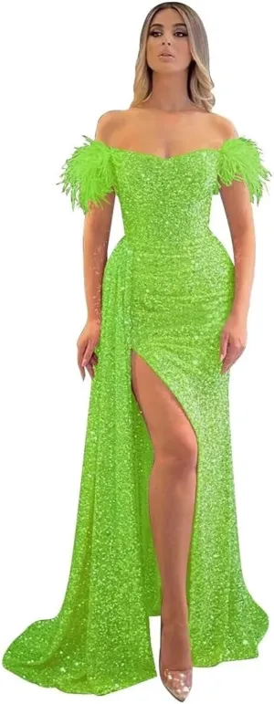 Sequin Off Shoulder Prom Dresses Sparkly Mermaid Formal Dress Feather Long Evening Party Dress with Slit
