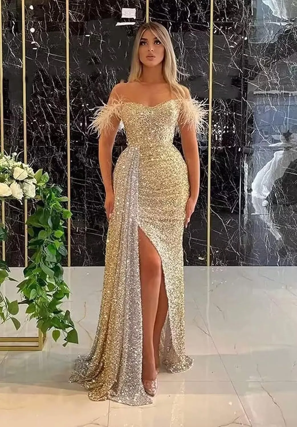 Sequin Off Shoulder Prom Dresses Sparkly Mermaid Formal Dress Feather Long Evening Party Dress with Slit
