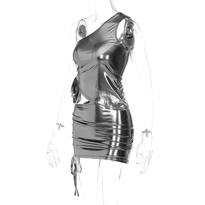Sequin One Shoulder Drawstring Graceful Top And Mini Skirt Set