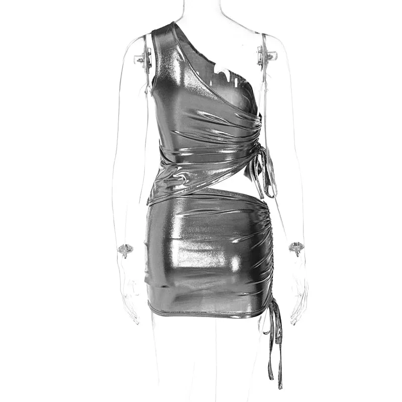 Sequin One Shoulder Drawstring Graceful Top And Mini Skirt Set