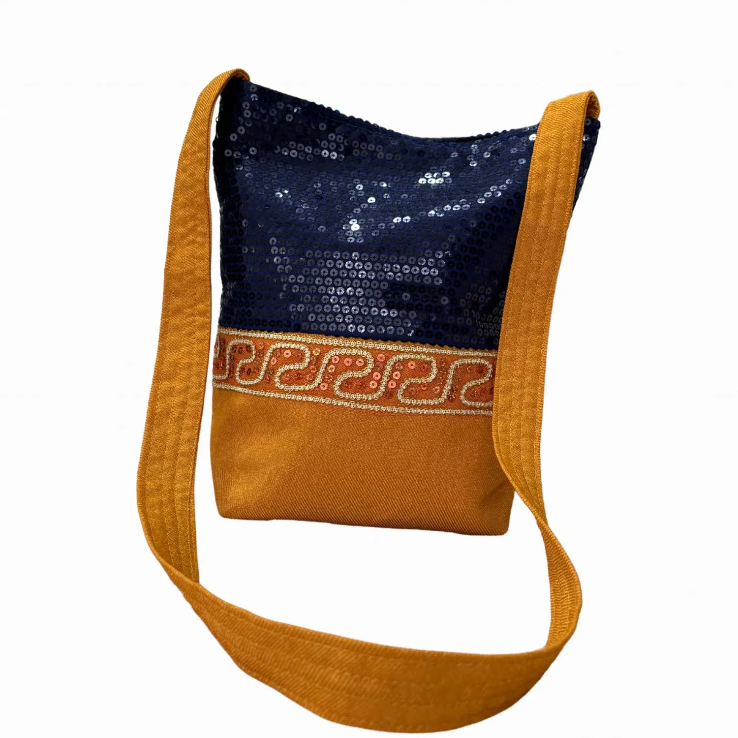 Sequin Shoulder Bag, Mustard Yellow, Navy bag, Boho Crossbody Bag Statement handmade bag