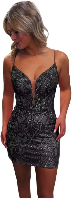 Sequin Tight Homecoming Dresses Sparkly for Teens Lace Spaghetti Straps V Neck Short Prom Cocktail Dress