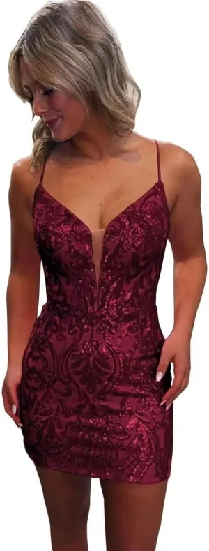 Sequin Tight Homecoming Dresses Sparkly for Teens Lace Spaghetti Straps V Neck Short Prom Cocktail Dress
