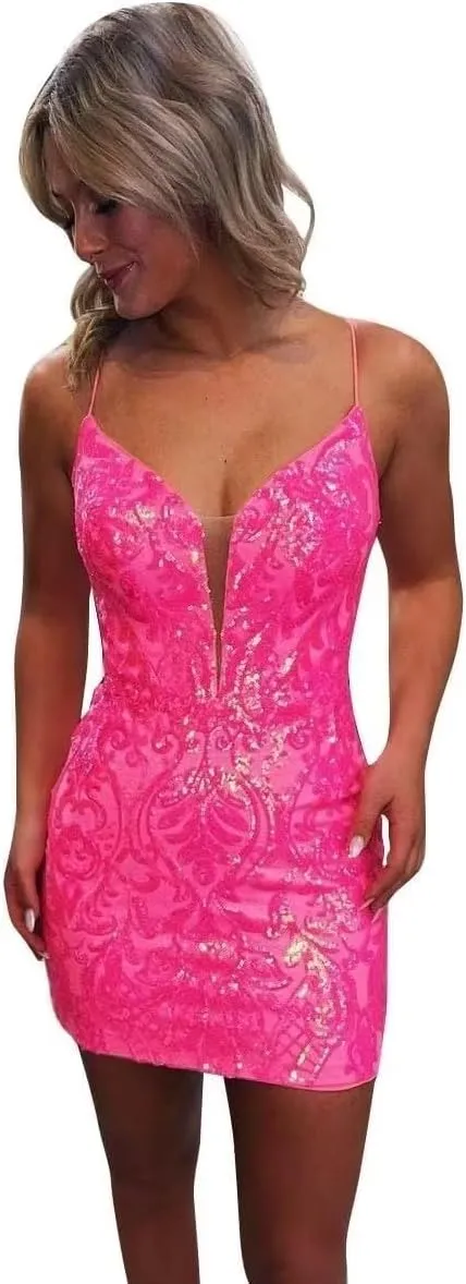 Sequin Tight Homecoming Dresses Sparkly for Teens Lace Spaghetti Straps V Neck Short Prom Cocktail Dress
