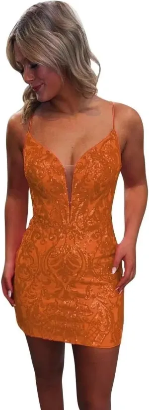 Sequin Tight Homecoming Dresses Sparkly for Teens Lace Spaghetti Straps V Neck Short Prom Cocktail Dress