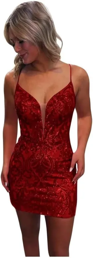 Sequin Tight Homecoming Dresses Sparkly for Teens Lace Spaghetti Straps V Neck Short Prom Cocktail Dress
