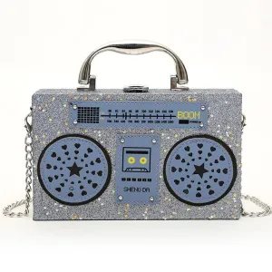 Sequined Denim Cartoon Radio Style Fashion Box Ladies Handbag Party Purse Shoulder Bag Crossbody Mini Messenger Bag Womens' Flap