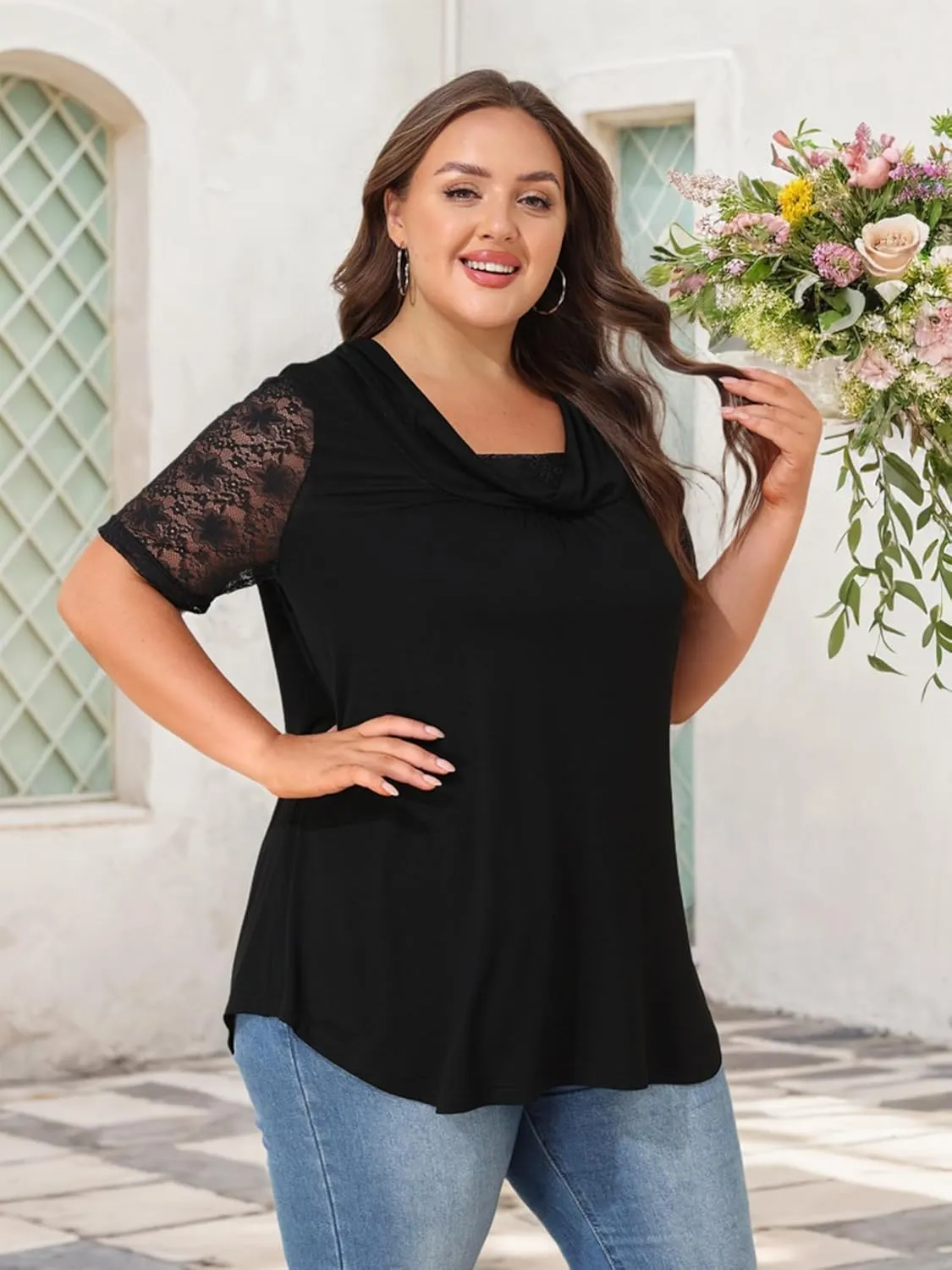 Sequins Plus Size Tops for Women Elegant Shirt Lace Half Sleeve Tunic Gowns Evening Cocktail Blouse
