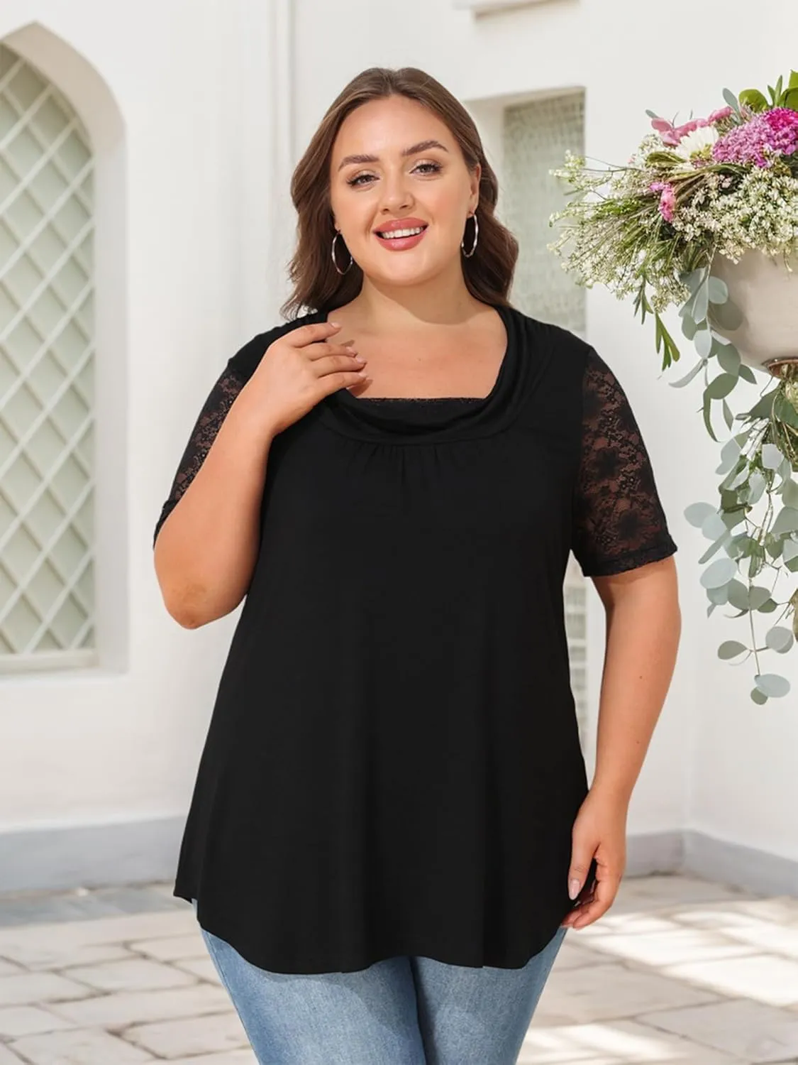 Sequins Plus Size Tops for Women Elegant Shirt Lace Half Sleeve Tunic Gowns Evening Cocktail Blouse