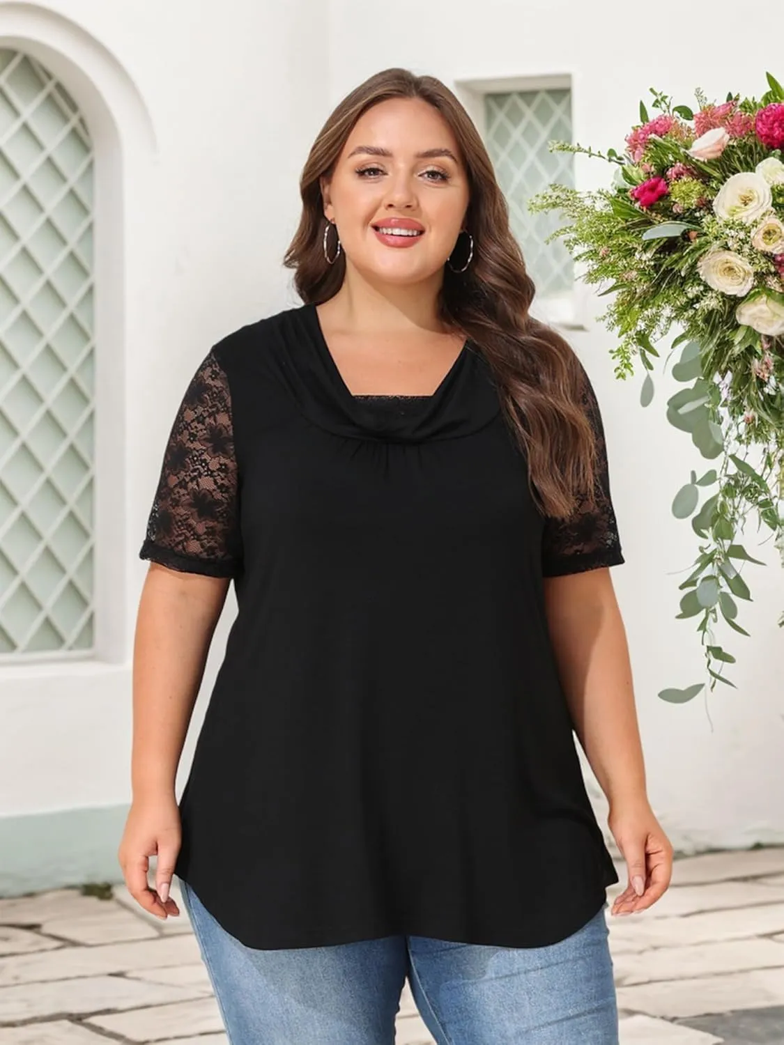 Sequins Plus Size Tops for Women Elegant Shirt Lace Half Sleeve Tunic Gowns Evening Cocktail Blouse