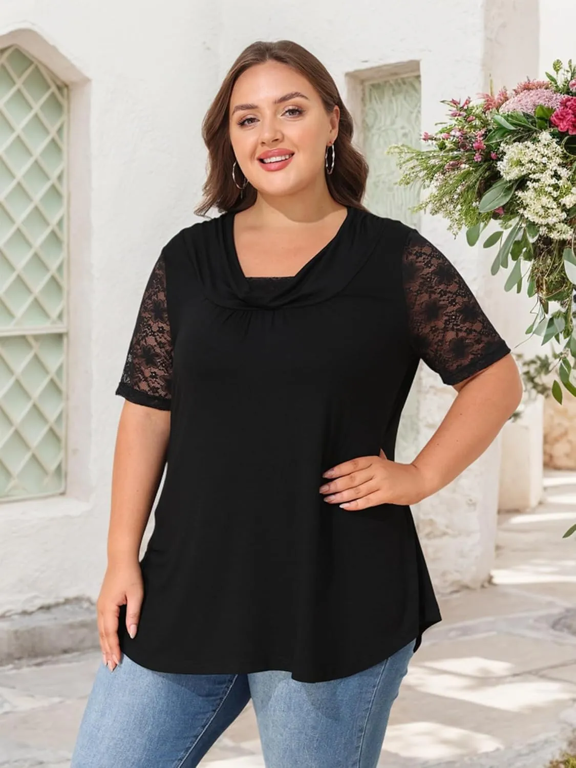 Sequins Plus Size Tops for Women Elegant Shirt Lace Half Sleeve Tunic Gowns Evening Cocktail Blouse