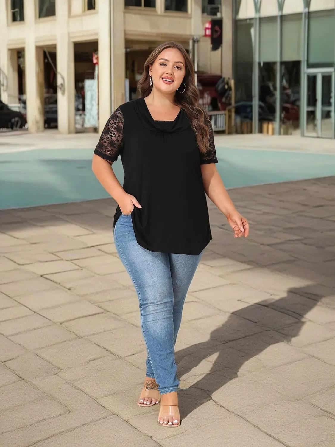 Sequins Plus Size Tops for Women Elegant Shirt Lace Half Sleeve Tunic Gowns Evening Cocktail Blouse