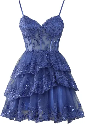 Sevintage Off Shoulder Lace Sparkly Tulle Homecoming Dress Short 2025 Corset Tiered Formal Party Gown