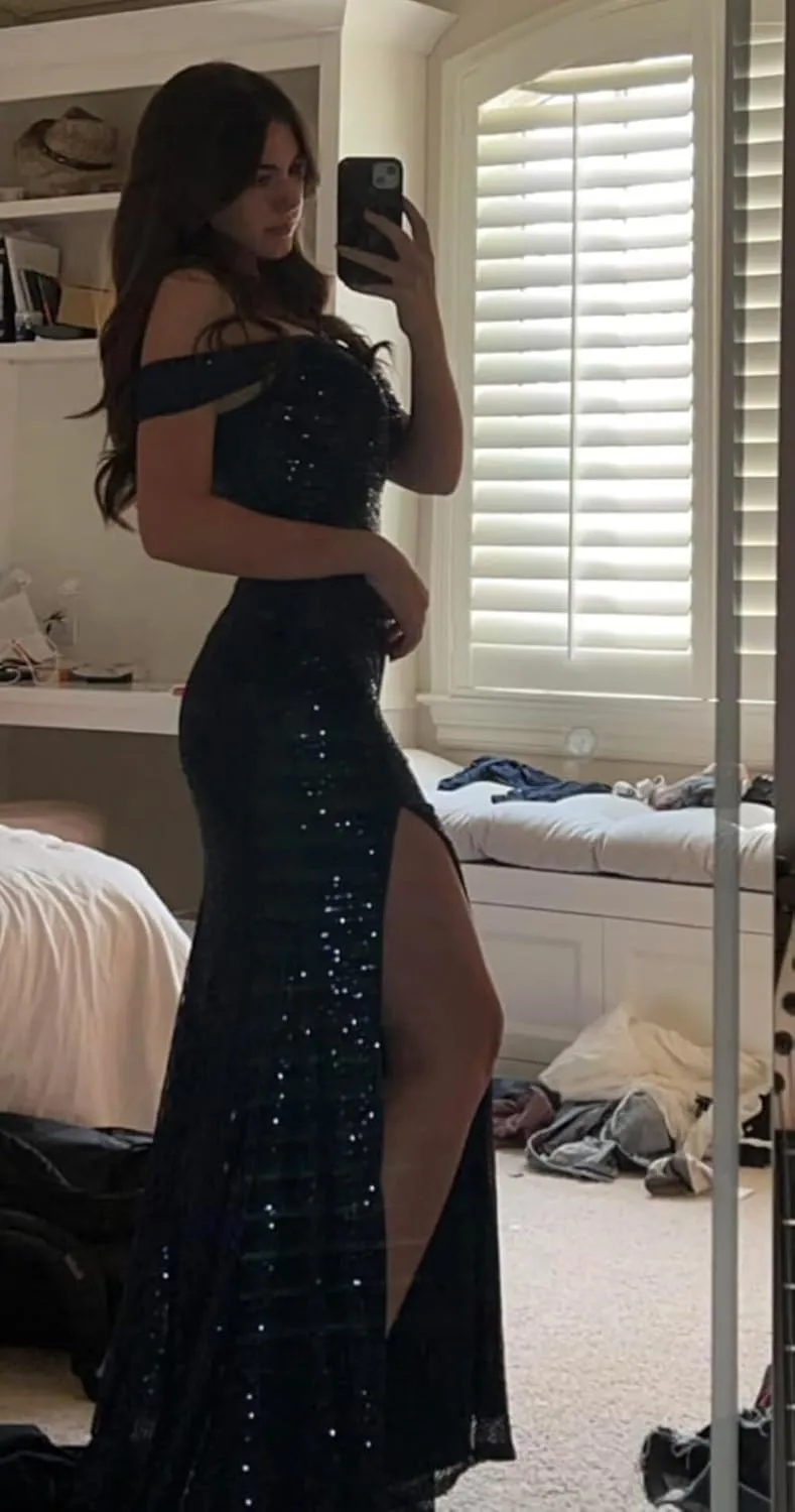 Sevintage Sequin Mermaid Prom Dress for Women Long Off Shoulder Sparkly Bridesmaid Dresses Slit Formal Gown