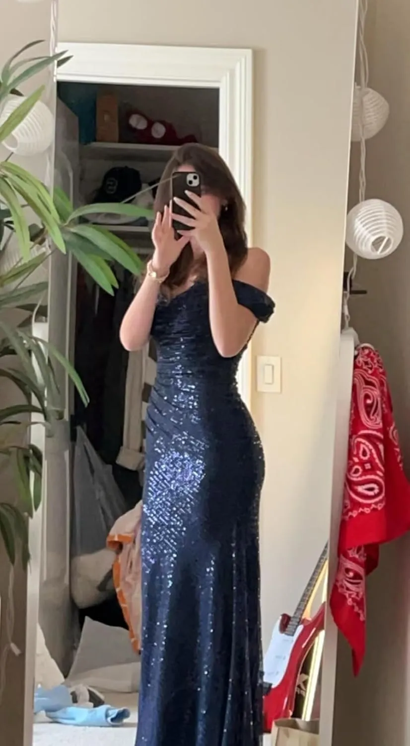 Sevintage Sequin Mermaid Prom Dress for Women Long Off Shoulder Sparkly Bridesmaid Dresses Slit Formal Gown