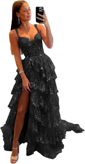 Sevintage Spaghetti Straps Lace Tulle Tiered Prom Dress Long Slit Sparkly Corset Formal Evening Party Gowns