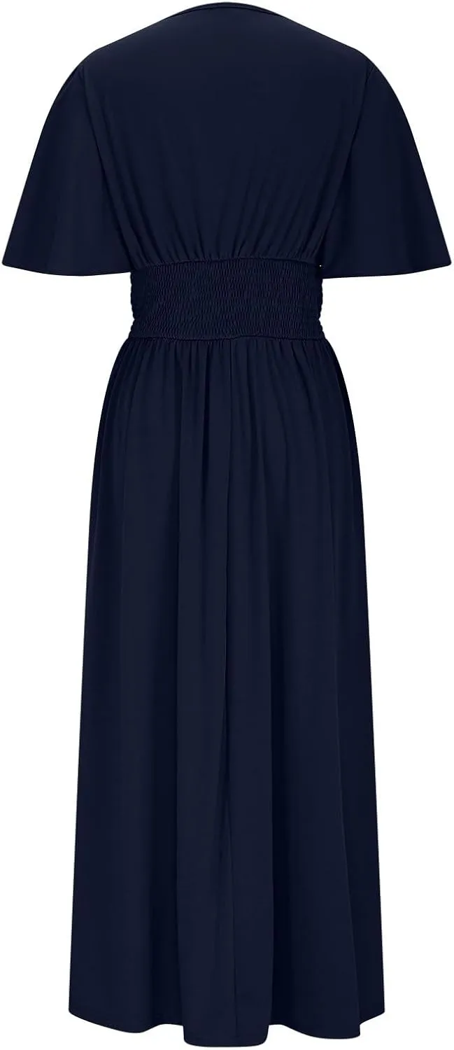 Sexy Deep V Dress for Women Elegant Ruffle Sleeve Front Cross Wrap Midi Skirt Side Slit Comfy Dresses Party Business
