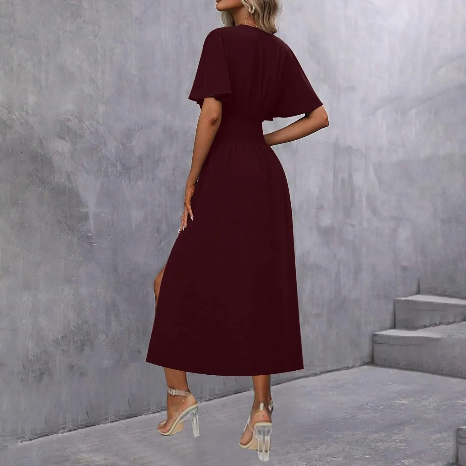 Sexy Deep V Dress for Women Elegant Ruffle Sleeve Front Cross Wrap Midi Skirt Side Slit Comfy Dresses Party Business