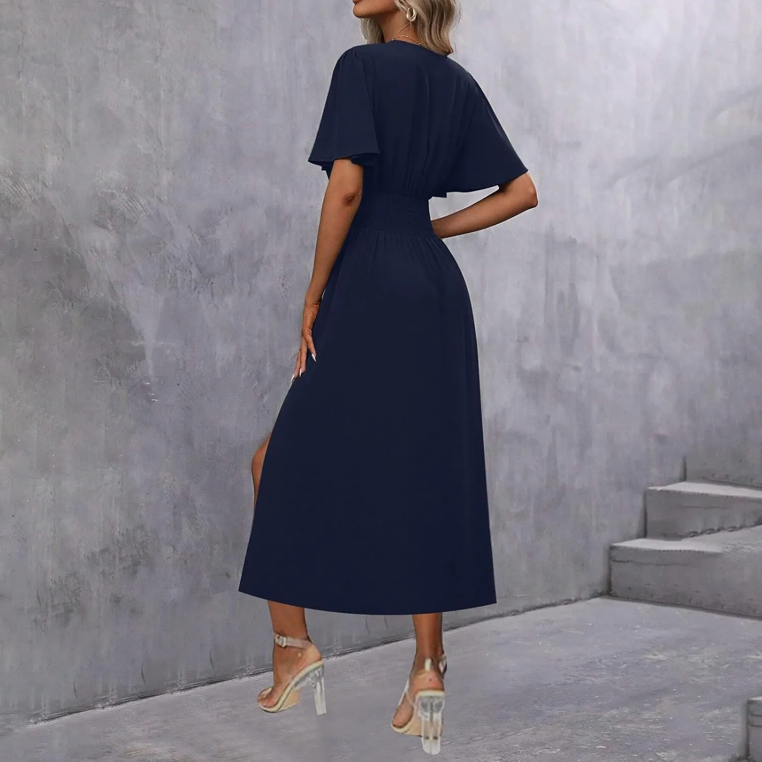 Sexy Deep V Dress for Women Elegant Ruffle Sleeve Front Cross Wrap Midi Skirt Side Slit Comfy Dresses Party Business