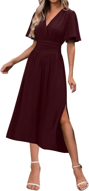 Sexy Deep V Dress for Women Elegant Ruffle Sleeve Front Cross Wrap Midi Skirt Side Slit Comfy Dresses Party Business