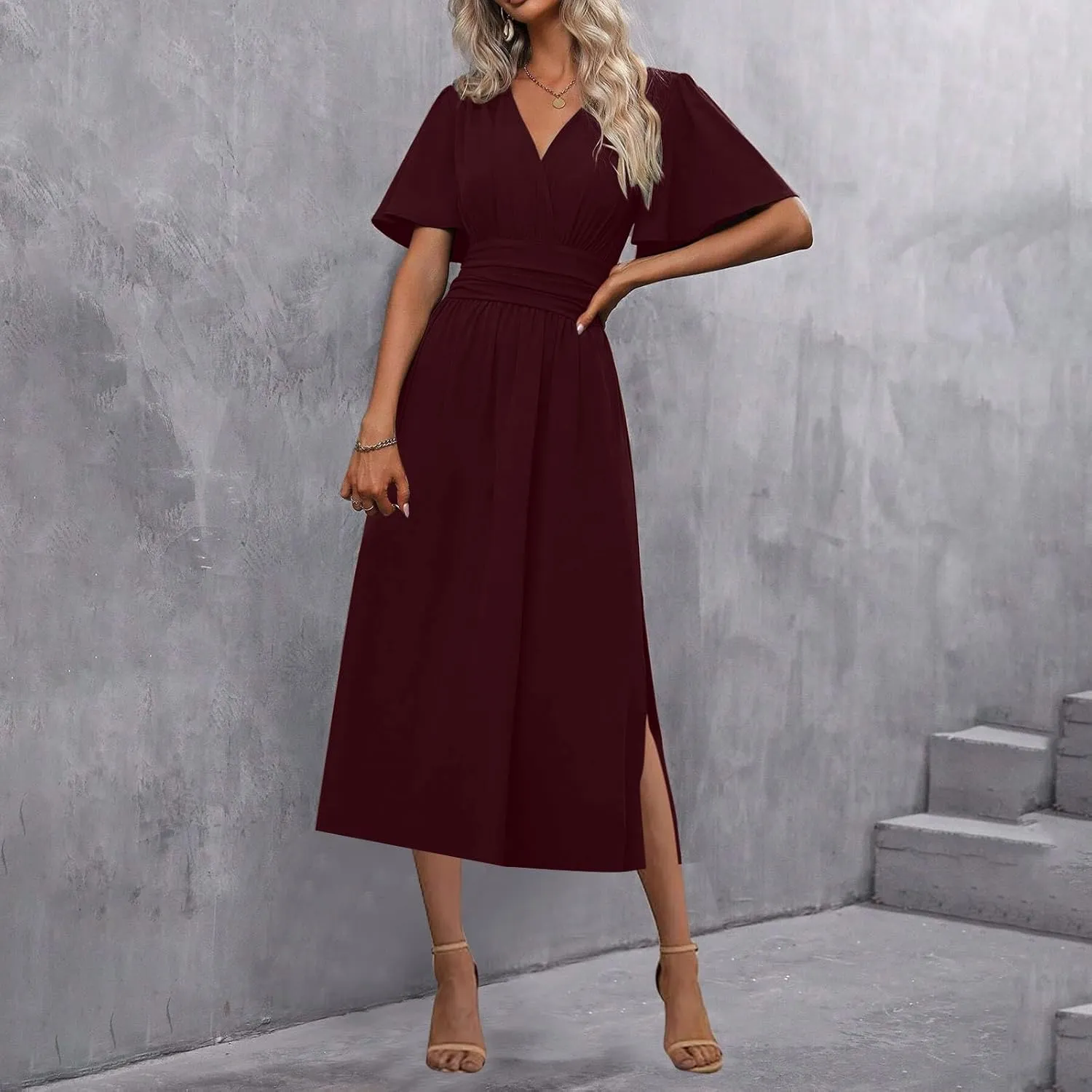 Sexy Deep V Dress for Women Elegant Ruffle Sleeve Front Cross Wrap Midi Skirt Side Slit Comfy Dresses Party Business