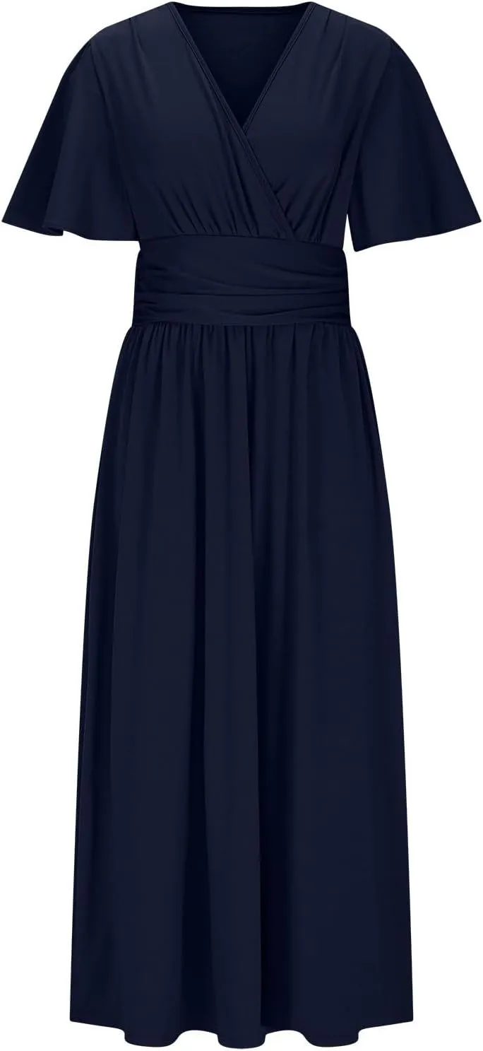 Sexy Deep V Dress for Women Elegant Ruffle Sleeve Front Cross Wrap Midi Skirt Side Slit Comfy Dresses Party Business