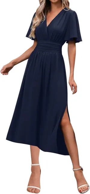 Sexy Deep V Dress for Women Elegant Ruffle Sleeve Front Cross Wrap Midi Skirt Side Slit Comfy Dresses Party Business