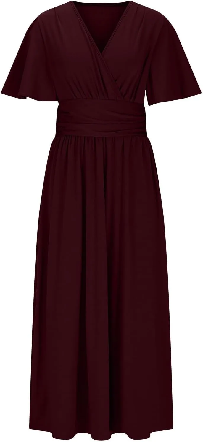 Sexy Deep V Dress for Women Elegant Ruffle Sleeve Front Cross Wrap Midi Skirt Side Slit Comfy Dresses Party Business