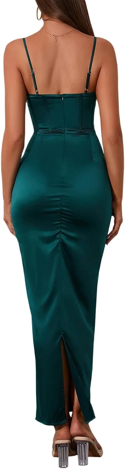 Sexyshine Women's Spaghetti Strap Cowl Neck Satin Corset Dress Bodycon Backless Formal Evening Party Maxi Dress